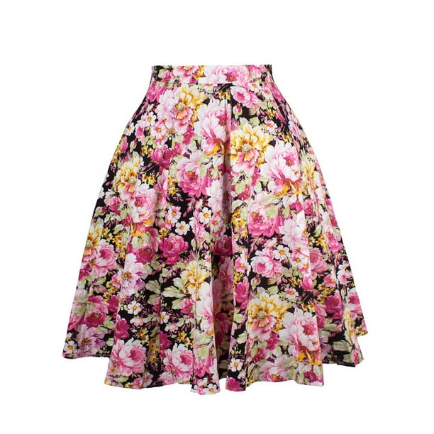 Ladies Vintage Midi Waist Retro Skater Flared Pleated Swing Floral Skirt Dress 